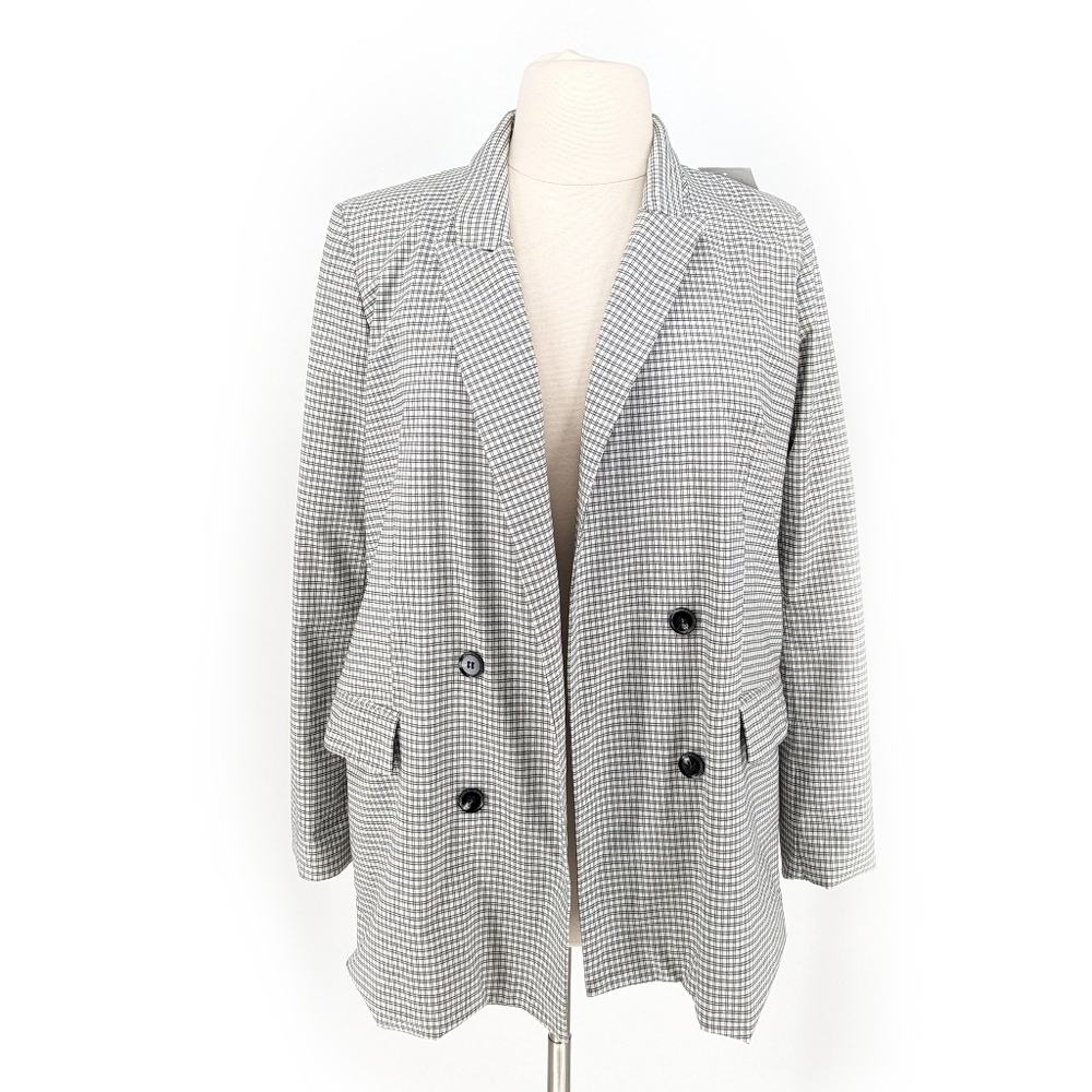 Rachel Zoe Plaid Open Front Blazer White Gray XL Business casual 90s y2k work